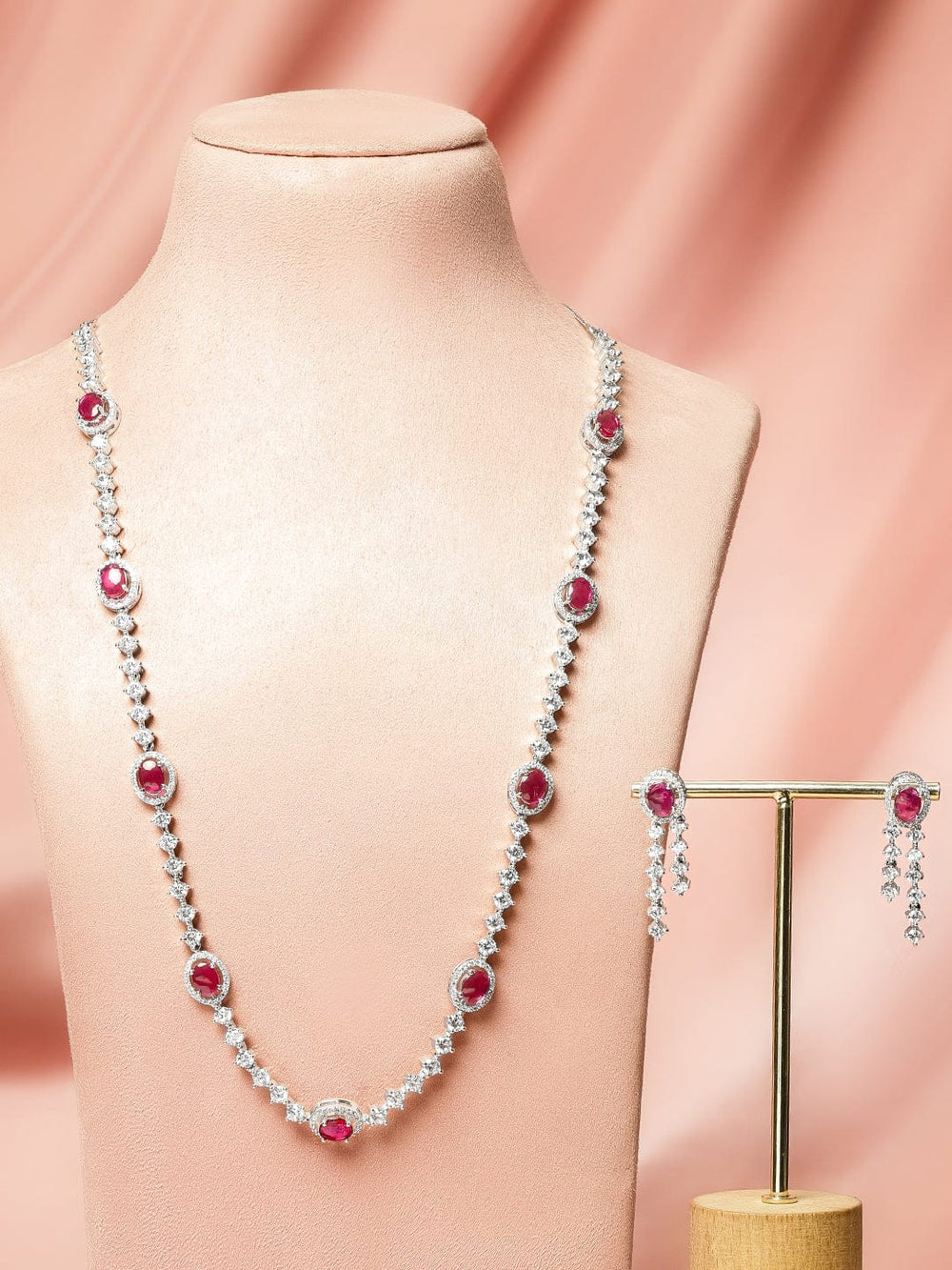 Rubans Rhodium-Plated Ruby Red & Cubic Zirconia Stone Luxury Statement Long Necklace Set Jewellery Set