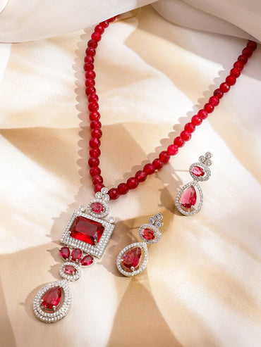 Rubans Rhodium-Plated Ruby Red & Cubic Zirconia Studded and Glossy Red Beaded Necklace Set Jewellery Set