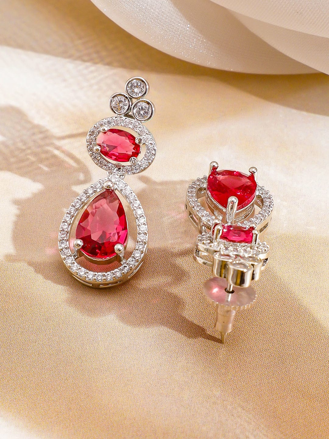 Rubans Rhodium-Plated Ruby Red & Cubic Zirconia Studded and Glossy Red Beaded Necklace Set Jewellery Set