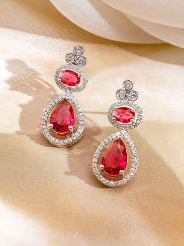 Rubans Rhodium-Plated Ruby Red & Cubic Zirconia Studded and Glossy Red Beaded Necklace Set Jewellery Set