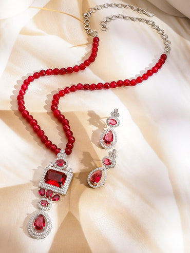 Rubans Rhodium-Plated Ruby Red & Cubic Zirconia Studded and Glossy Red Beaded Necklace Set Jewellery Set