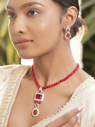 Rubans Rhodium-Plated Ruby Red & Cubic Zirconia Studded and Glossy Red Beaded Necklace Set Necklaces, Necklace Sets