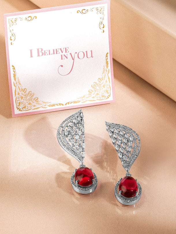Rubans Rhodium-Plated Ruby Red & Emerald Green & White Cubic Zirconia Studded Premium Drop Earrings Earrings
