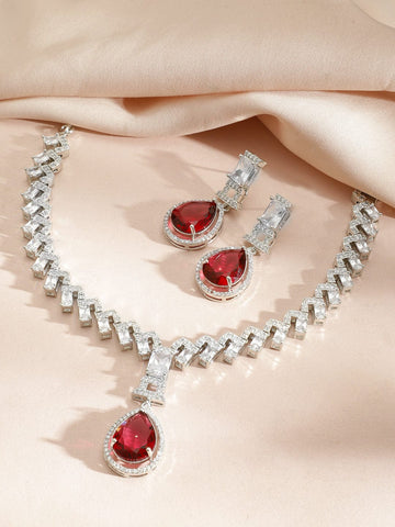 Rubans Rhodium-Plated Ruby Red Stone and Cubic Zirconia Studded Classic Necklace Set Necklace Set