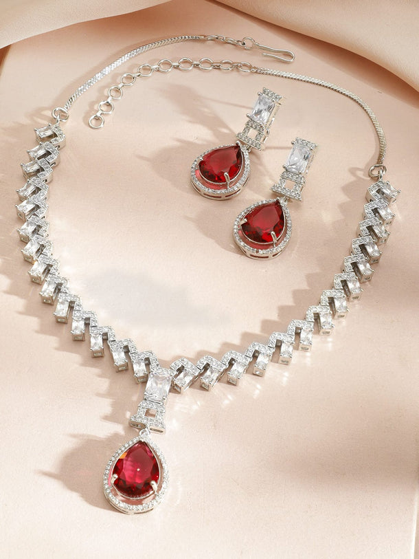Rubans Rhodium-Plated Ruby Red Stone and Cubic Zirconia Studded Classic Necklace Set Necklace Set