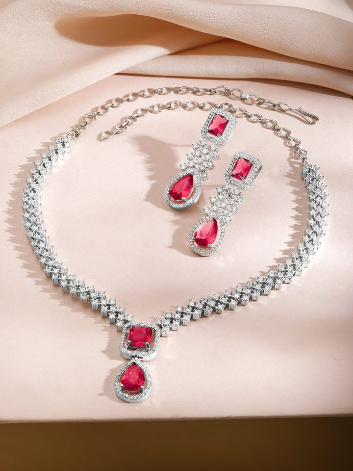 Rubans Rhodium-Plated Ruby Red Stone & Cubic Zirconia Designer Necklace Set Jewellery Set