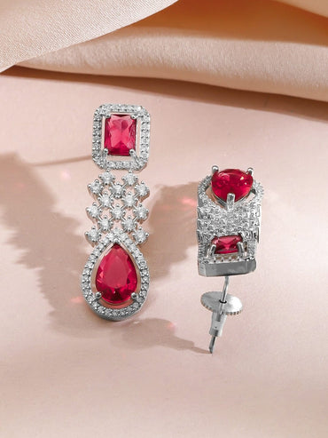 Rubans Rhodium-Plated Ruby Red Stone & Cubic Zirconia Designer Necklace Set Jewellery Set