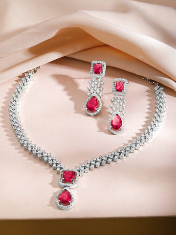 Rubans Rhodium-Plated Ruby Red Stone & Cubic Zirconia Designer Necklace Set Jewellery Set