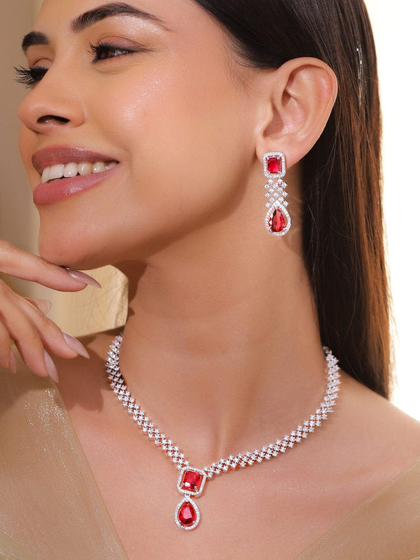 Rubans Rhodium-Plated Ruby Red Stone & Cubic Zirconia Designer Necklace Set Necklace Set