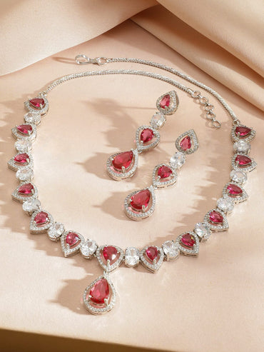 Rubans Rhodium-Plated Ruby Red Stone & Cubic Zirconia Embellished Necklace Set Jewellery Set