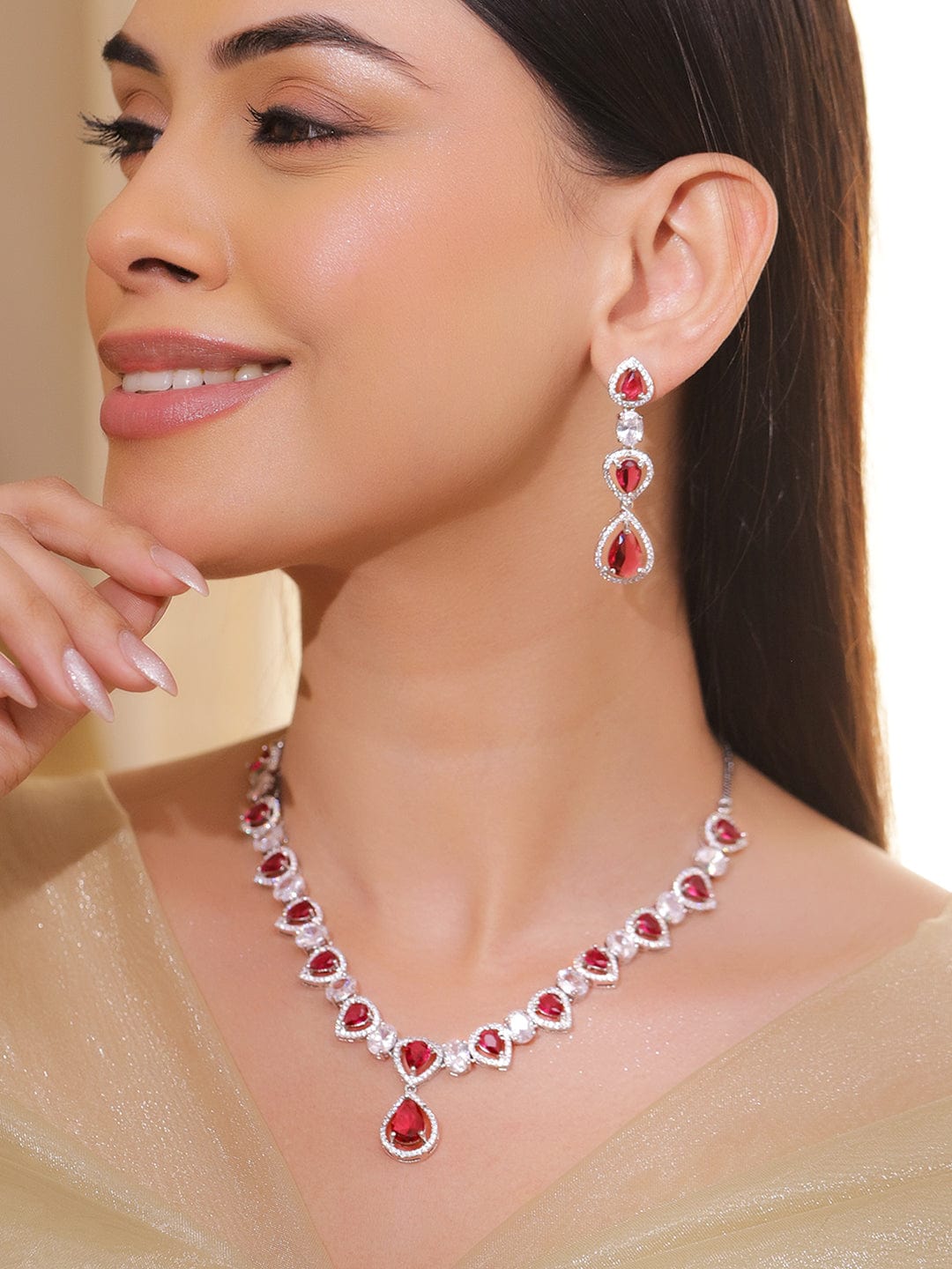 Rubans Rhodium-Plated Ruby Red Stone & Cubic Zirconia Embellished Necklace Set Necklace Set