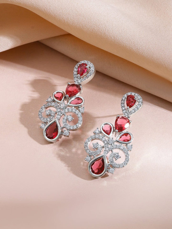 Rubans Rhodium-Plated Ruby Red Stone & Cubic Zirconia Floral Statement Necklace Set Jewellery Set