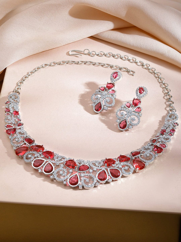 Rubans Rhodium-Plated Ruby Red Stone & Cubic Zirconia Floral Statement Necklace Set Jewellery Set