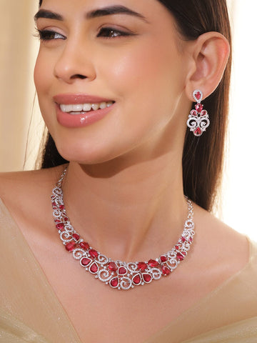 Rubans Rhodium-Plated Ruby Red Stone & Cubic Zirconia Floral Statement Necklace Set Necklace Set