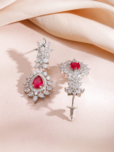 Rubans Rhodium-Plated Ruby Red Stone & Cubic Zirconia Luxe Designer Statement Necklace Set Jewellery Set