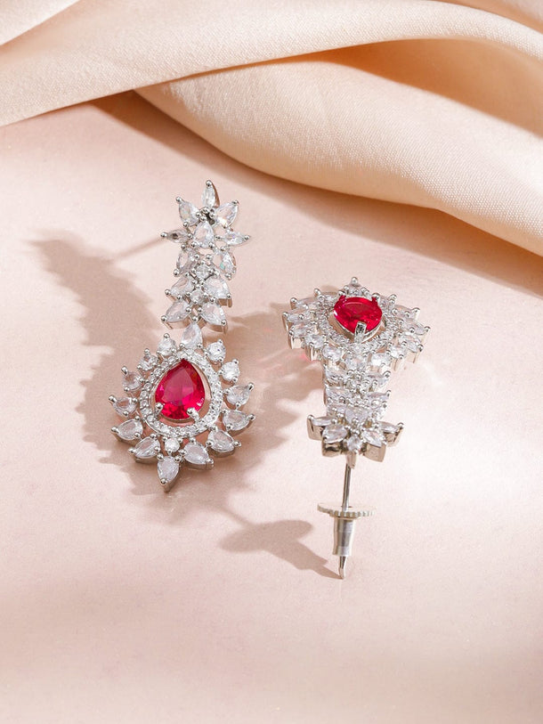 Rubans Rhodium-Plated Ruby Red Stone & Cubic Zirconia Luxe Designer Statement Necklace Set Jewellery Set