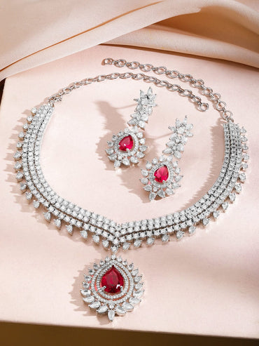 Rubans Rhodium-Plated Ruby Red Stone & Cubic Zirconia Luxe Designer Statement Necklace Set Jewellery Set