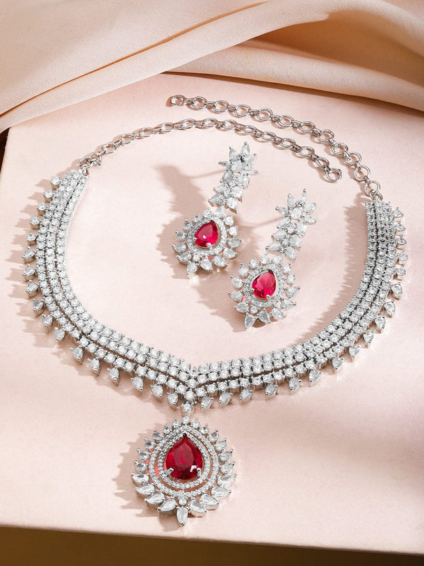 Rubans Rhodium-Plated Ruby Red Stone & Cubic Zirconia Luxe Designer Statement Necklace Set Jewellery Set