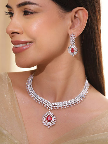 Rubans Rhodium-Plated Ruby Red Stone & Cubic Zirconia Luxe Designer Statement Necklace Set Jewellery Set