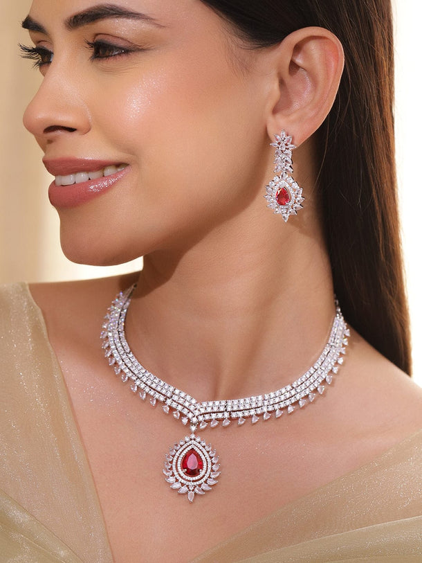 Rubans Rhodium-Plated Ruby Red Stone & Cubic Zirconia Luxe Designer Statement Necklace Set Jewellery Set