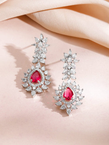 Rubans Rhodium-Plated Ruby Red Stone & Cubic Zirconia Luxe Designer Statement Necklace Set Jewellery Set