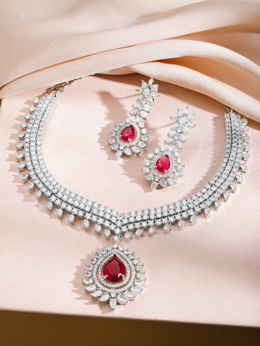 Rubans Rhodium-Plated Ruby Red Stone & Cubic Zirconia Luxe Designer Statement Necklace Set Jewellery Set