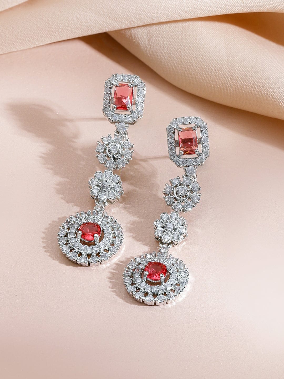 Rubans Rhodium-Plated Ruby Red Stone & Cubic Zirconia Statement Necklace Set Jewellery Set