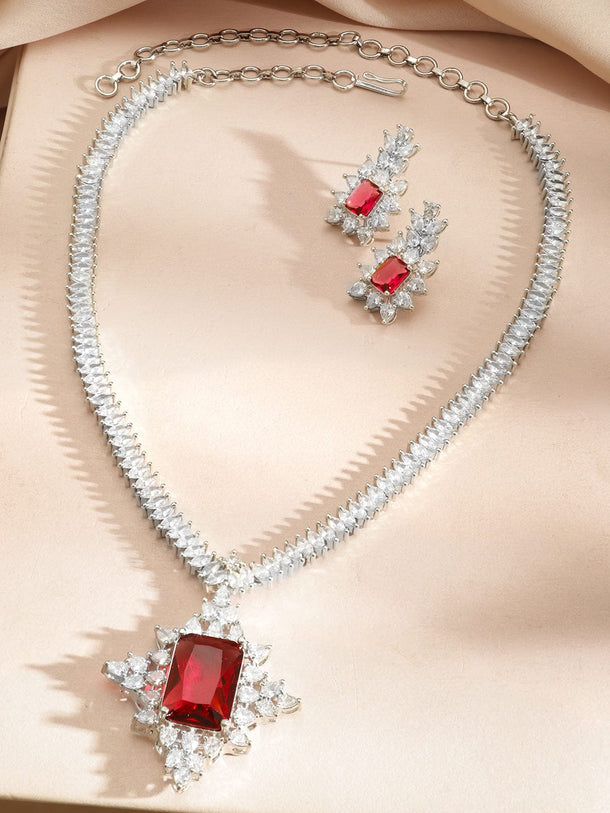 Rubans Rhodium-Plated Ruby Red Stone & Cubic Zirconia Studded Classic Necklace Set Jewellery Set