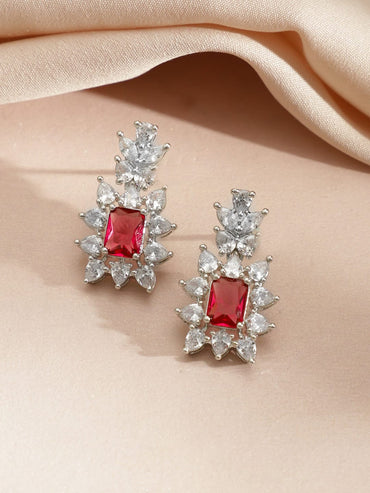 Rubans Rhodium-Plated Ruby Red Stone & Cubic Zirconia Studded Classic Necklace Set Jewellery Set