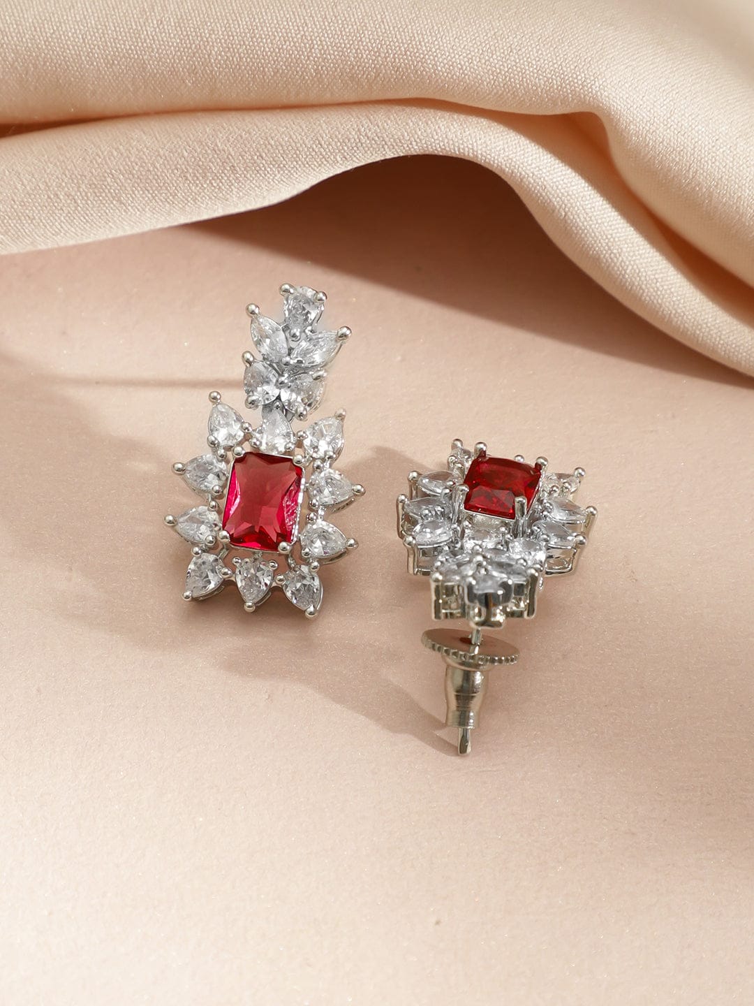 Rubans Rhodium-Plated Ruby Red Stone & Cubic Zirconia Studded Classic Necklace Set Jewellery Set