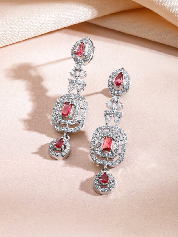 Rubans Rhodium-Plated Ruby Red Stone & White Cubic Zirconia Embellished Designer Necklace Set Jewellery Set