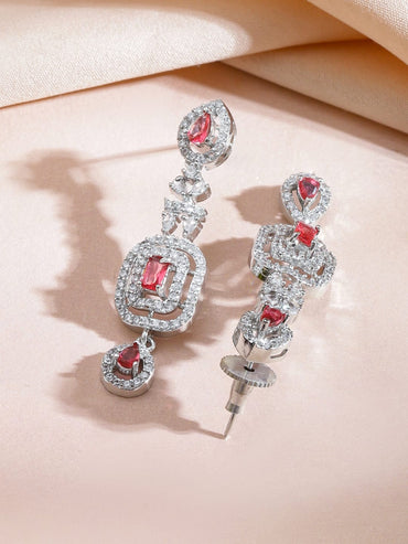 Rubans Rhodium-Plated Ruby Red Stone & White Cubic Zirconia Embellished Designer Necklace Set Jewellery Set