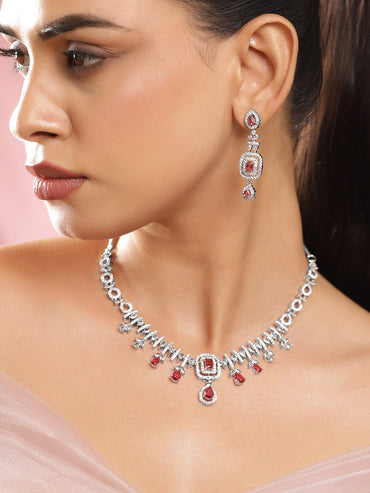 Rubans Rhodium-Plated Ruby Red Stone & White Cubic Zirconia Embellished Designer Necklace Set Jewellery Set