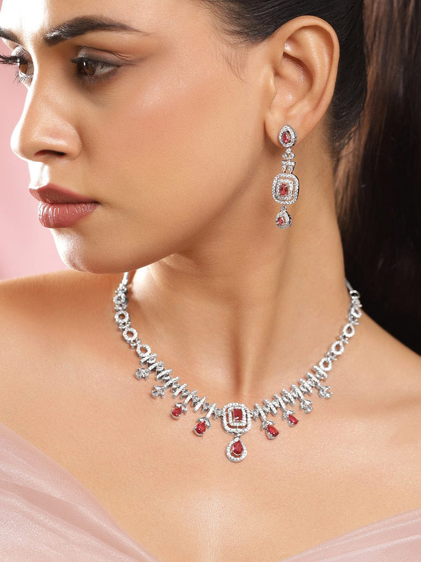 Rubans Rhodium-Plated Ruby Red Stone & White Cubic Zirconia Embellished Designer Necklace Set Jewellery Set