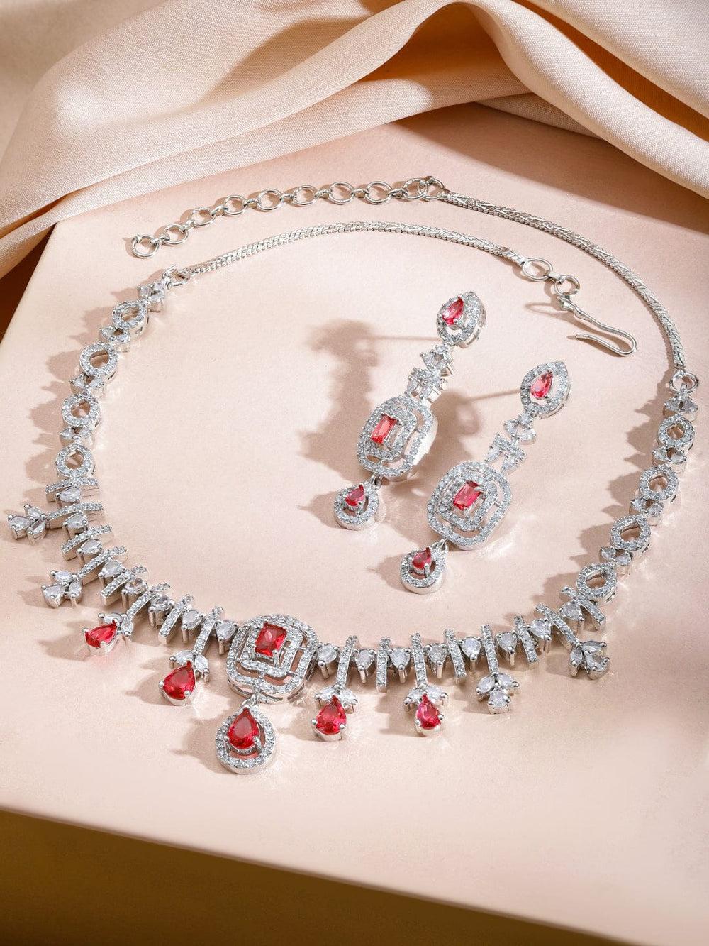 Rubans Rhodium-Plated Ruby Red Stone & White Cubic Zirconia Embellished Designer Necklace Set Jewellery Set