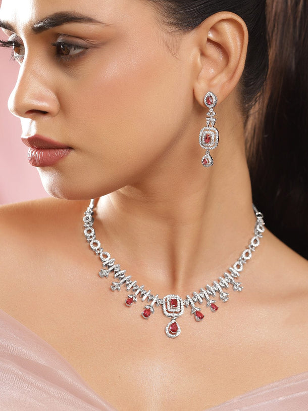 Rubans Rhodium-Plated Ruby Red Stone & White Cubic Zirconia Embellished Designer Necklace Set Jewellery Set
