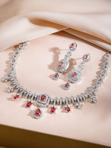 Rubans Rhodium-Plated Ruby Red Stone & White Cubic Zirconia Embellished Designer Necklace Set Jewellery Set