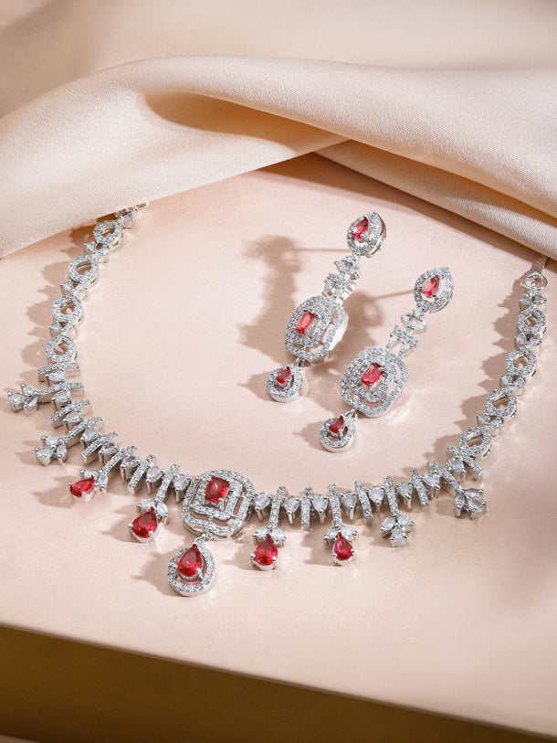 Rubans Rhodium-Plated Ruby Red Stone & White Cubic Zirconia Embellished Designer Necklace Set Jewellery Set