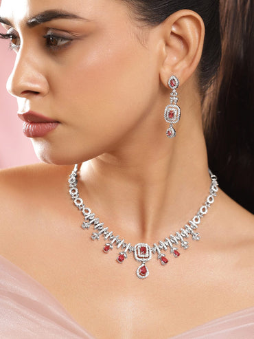 Rubans Rhodium-Plated Ruby Red Stone & White Cubic Zirconia Embellished Designer Necklace Set Necklace Set