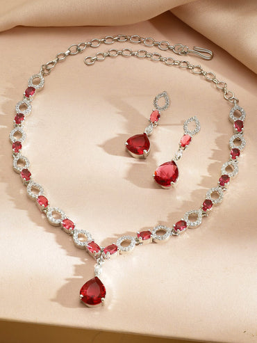 Rubans Rhodium-Plated Ruby Red Stone with Cubic Zirconia Classic Designer Necklace Set Jewellery Set