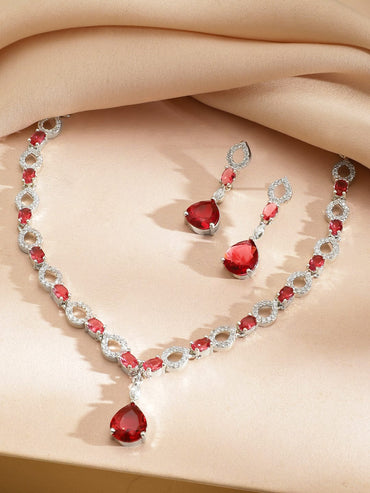 Rubans Rhodium-Plated Ruby Red Stone with Cubic Zirconia Classic Designer Necklace Set Jewellery Set