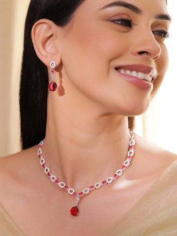 Rubans Rhodium-Plated Ruby Red Stone with Cubic Zirconia Classic Designer Necklace Set Necklace Set