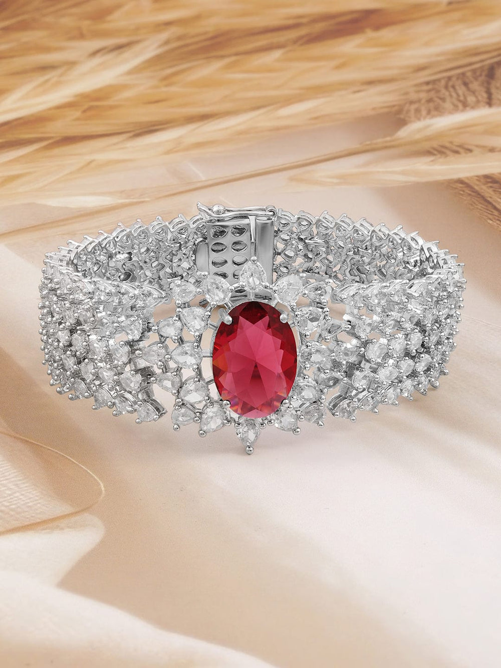 Rubans Rhodium-Plated Ruby Red & White Cubic Zirconia Luxurious Bracelet Bracelet