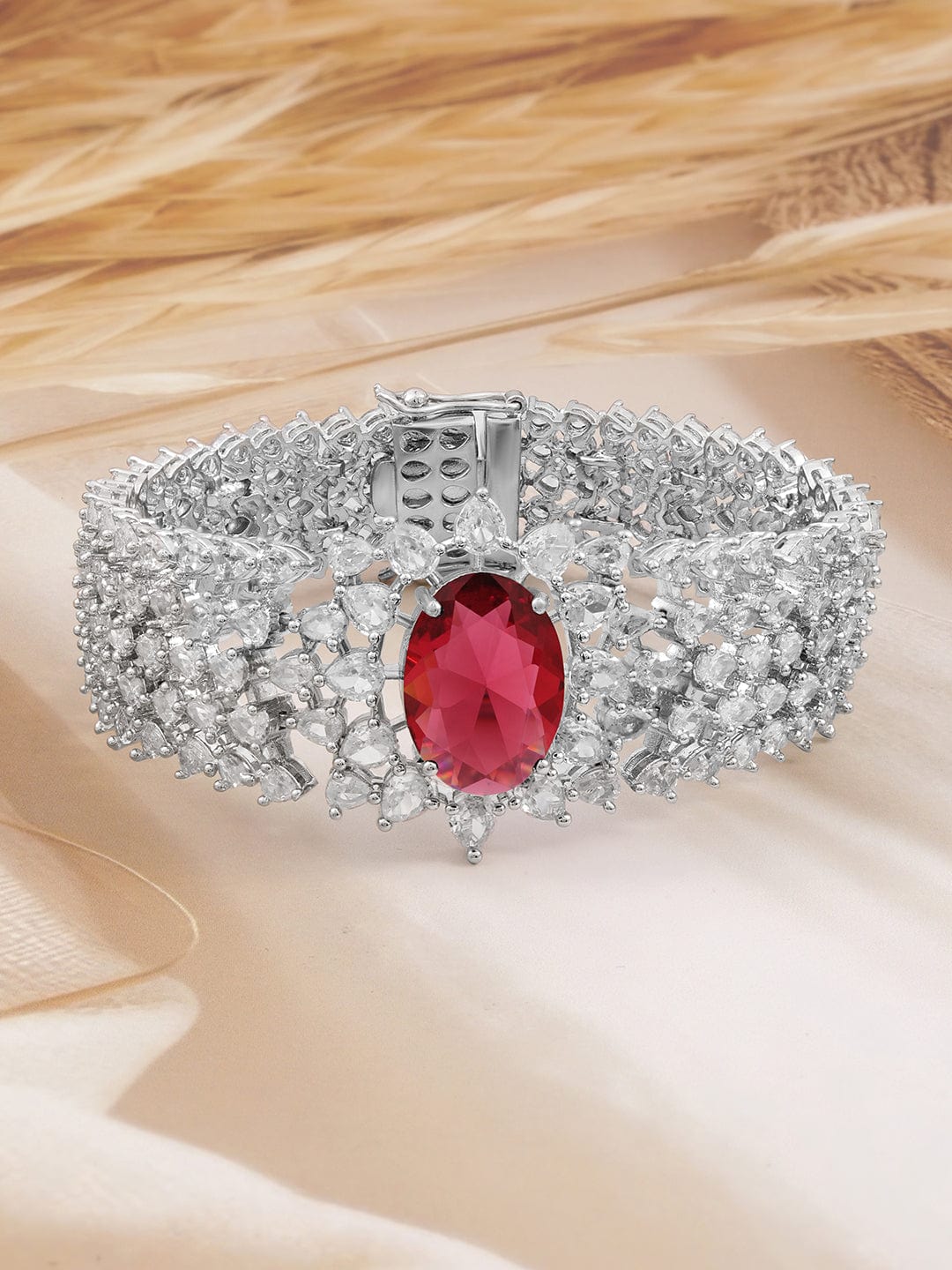 Rubans Rhodium-Plated Ruby Red & White Cubic Zirconia Luxurious Bracelet Bracelet