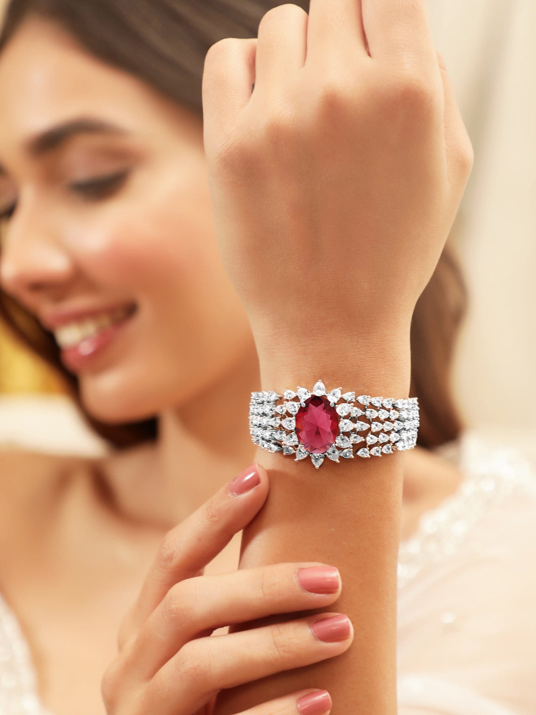 Rubans Rhodium-Plated Ruby Red & White Cubic Zirconia Luxurious Bracelet Bracelet