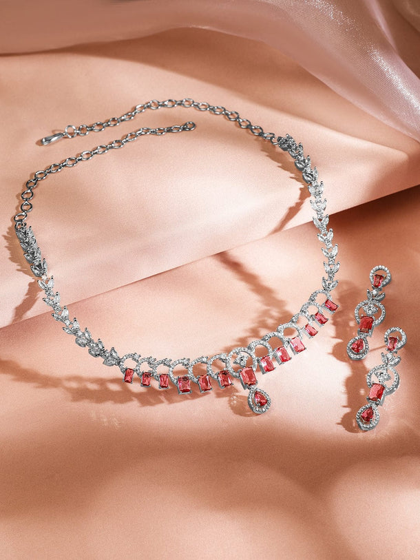Rubans Rhodium-Plated Ruby Red & White Cubic Zirconia Studded Elegant Necklace Set Jewellery Set