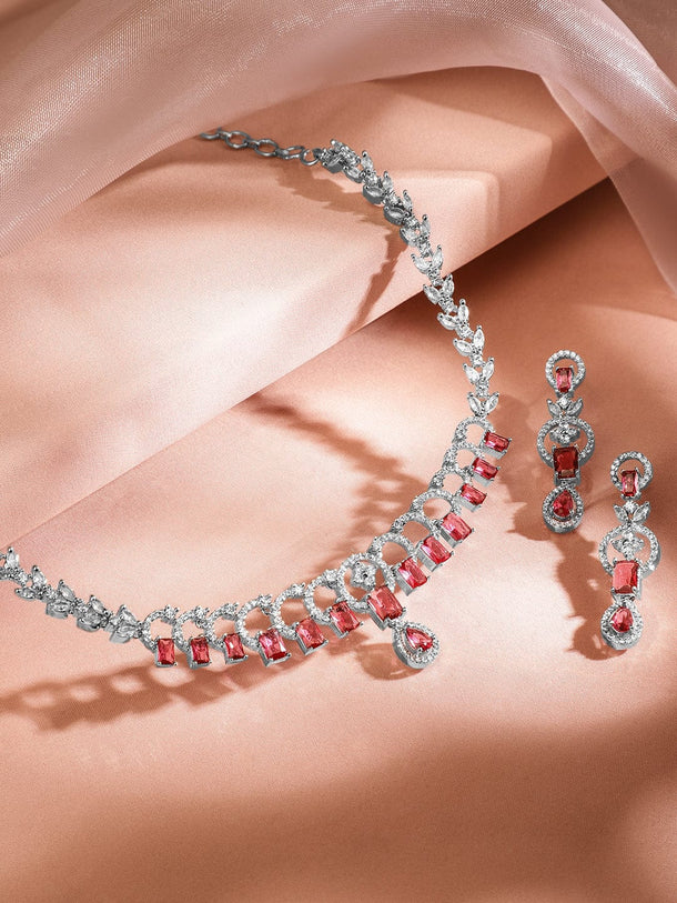 Rubans Rhodium-Plated Ruby Red & White Cubic Zirconia Studded Elegant Necklace Set Jewellery Set