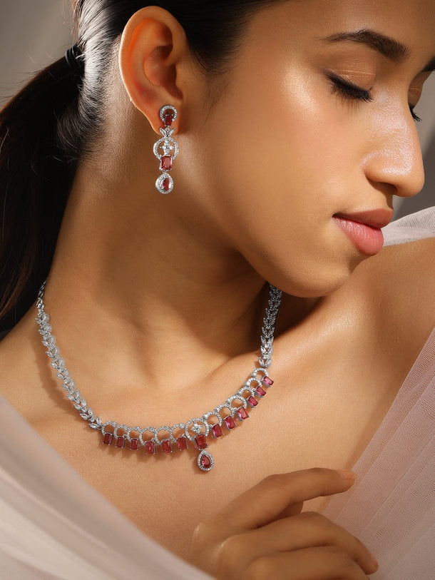 Rubans Rhodium-Plated Ruby Red & White Cubic Zirconia Studded Elegant Necklace Set Necklace Set
