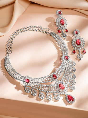Rubans Rhodium-Plated Ruby Red & White Cubic Zirconia Studded Layered Choker Jewellery Set Jewellery Set