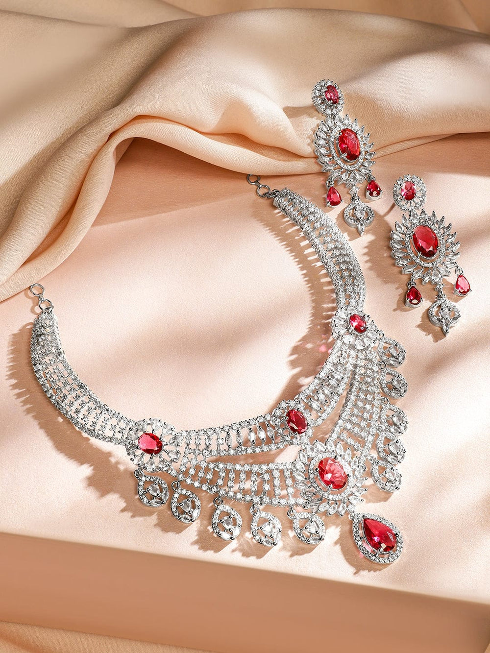 Rubans Rhodium-Plated Ruby Red & White Cubic Zirconia Studded Layered Choker Jewellery Set Jewellery Set
